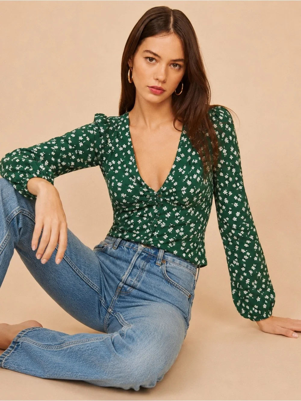 Reformation Nell Top Annette Green Floral Puff Sleeve Blouse S
